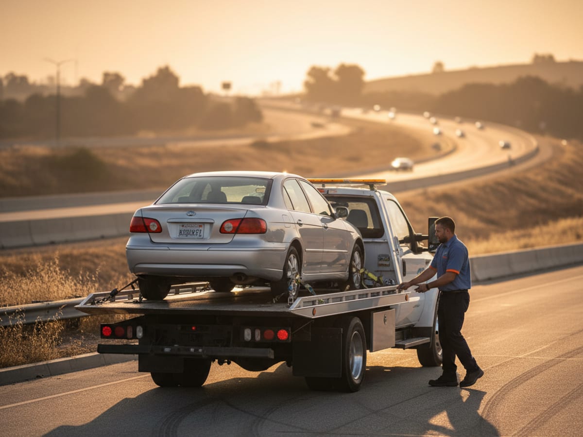Quick Tow SD flatbed driver preparing for a long-distance interstate tow at sunrise