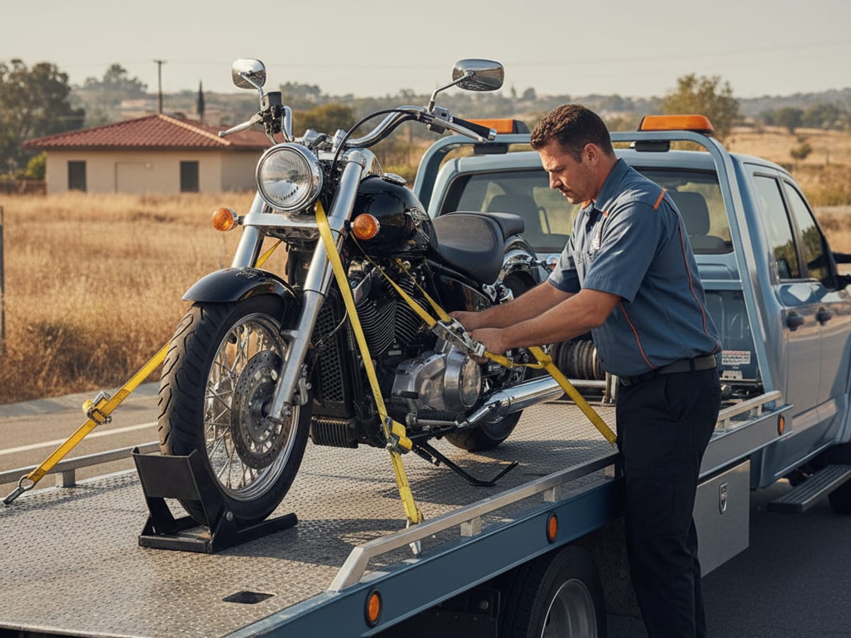 Quick Tow SD driver securing a Harley-Davidson cruiser on a low-deck flatbed with soft straps