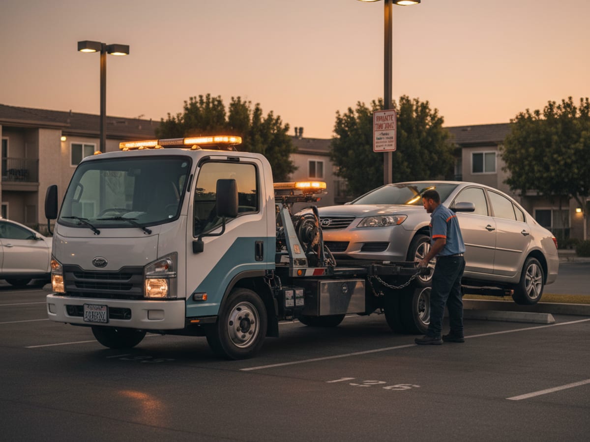 Quick Tow SD truck working a permit-parking apartment complex lot in San Diego at dusk
