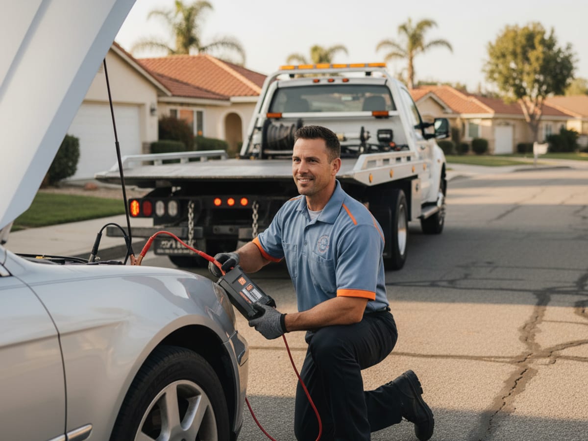 Quick Tow SD technician jump-starting a disabled car on a San Diego residential street