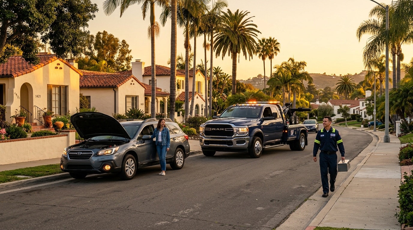 Quick Tow SD service truck arriving at a stranded vehicle in a San Diego parking lot to provide pay-per-call roadside service