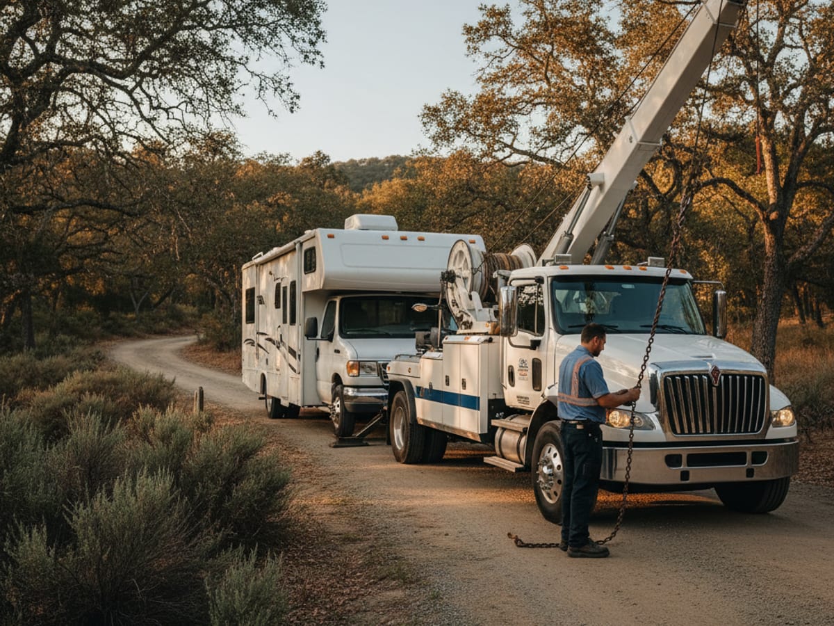 Quick Tow SD heavy wrecker towing a Class C RV from a San Diego County campground