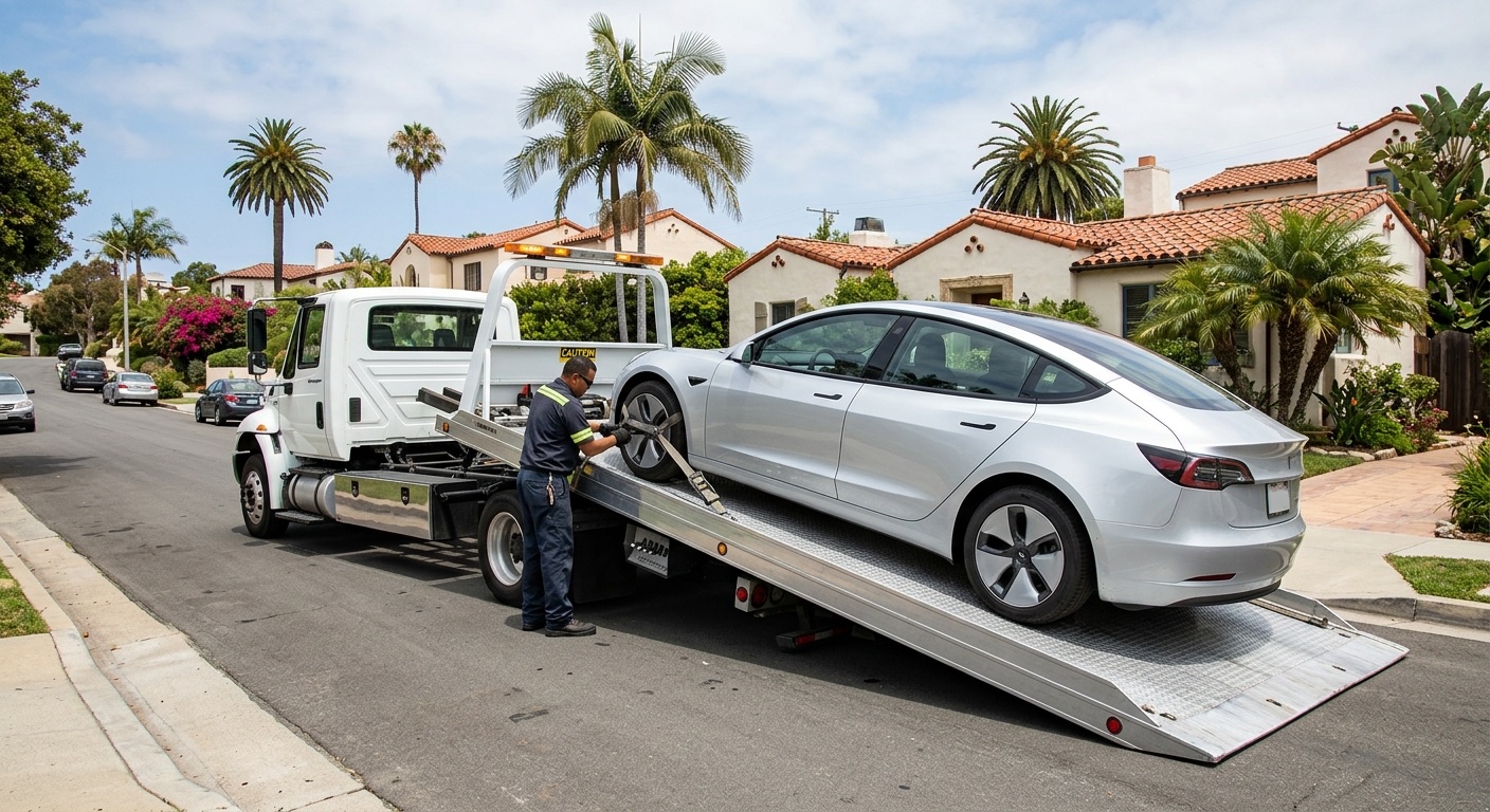 Quick Tow SD flatbed loading a Tesla Model 3 with soft straps in a San Diego residential street, charge port closed and Transport Mode engaged