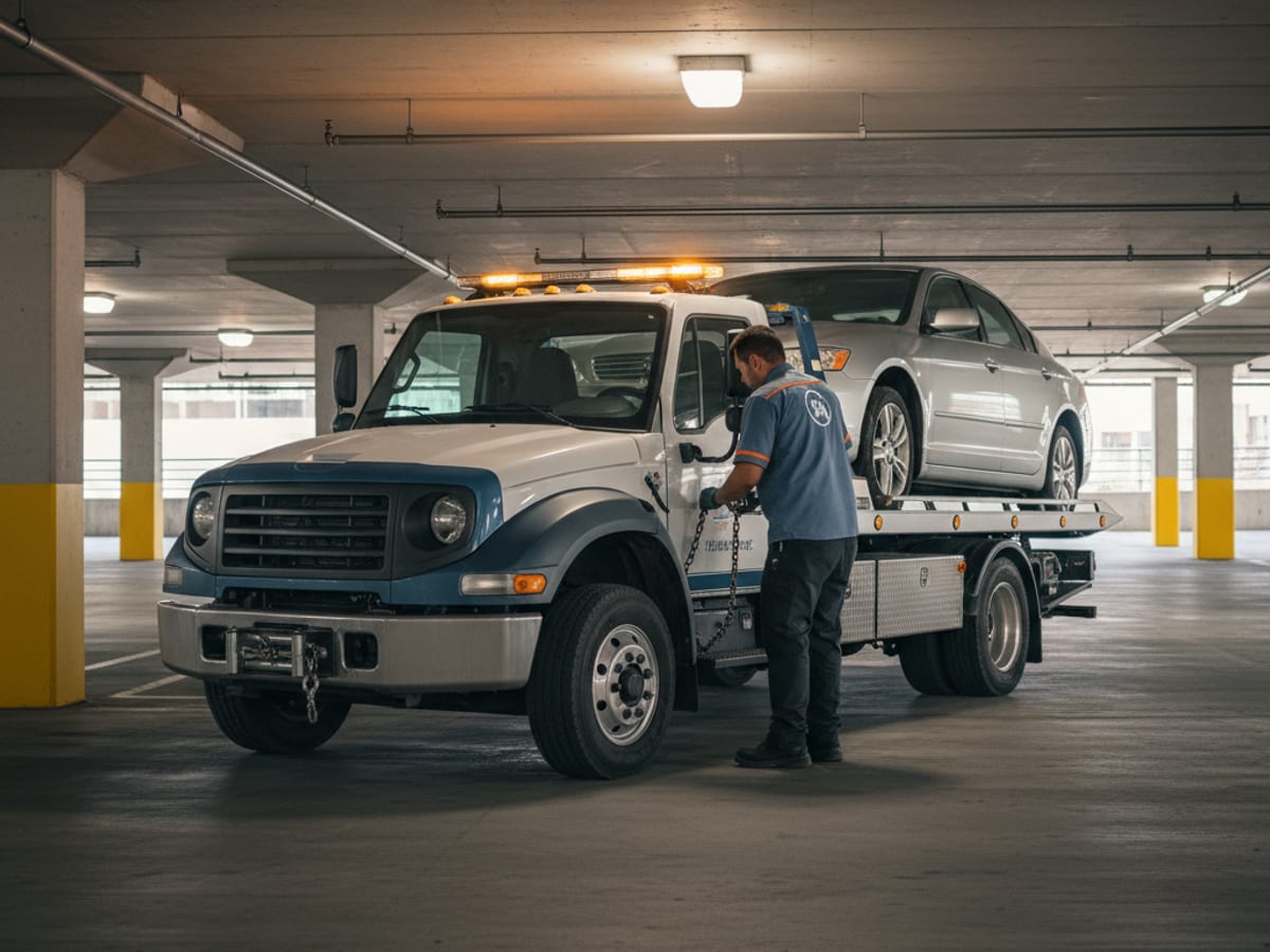 Quick Tow SD wheel-lift truck hooking a Honda sedan in a downtown San Diego parking garage